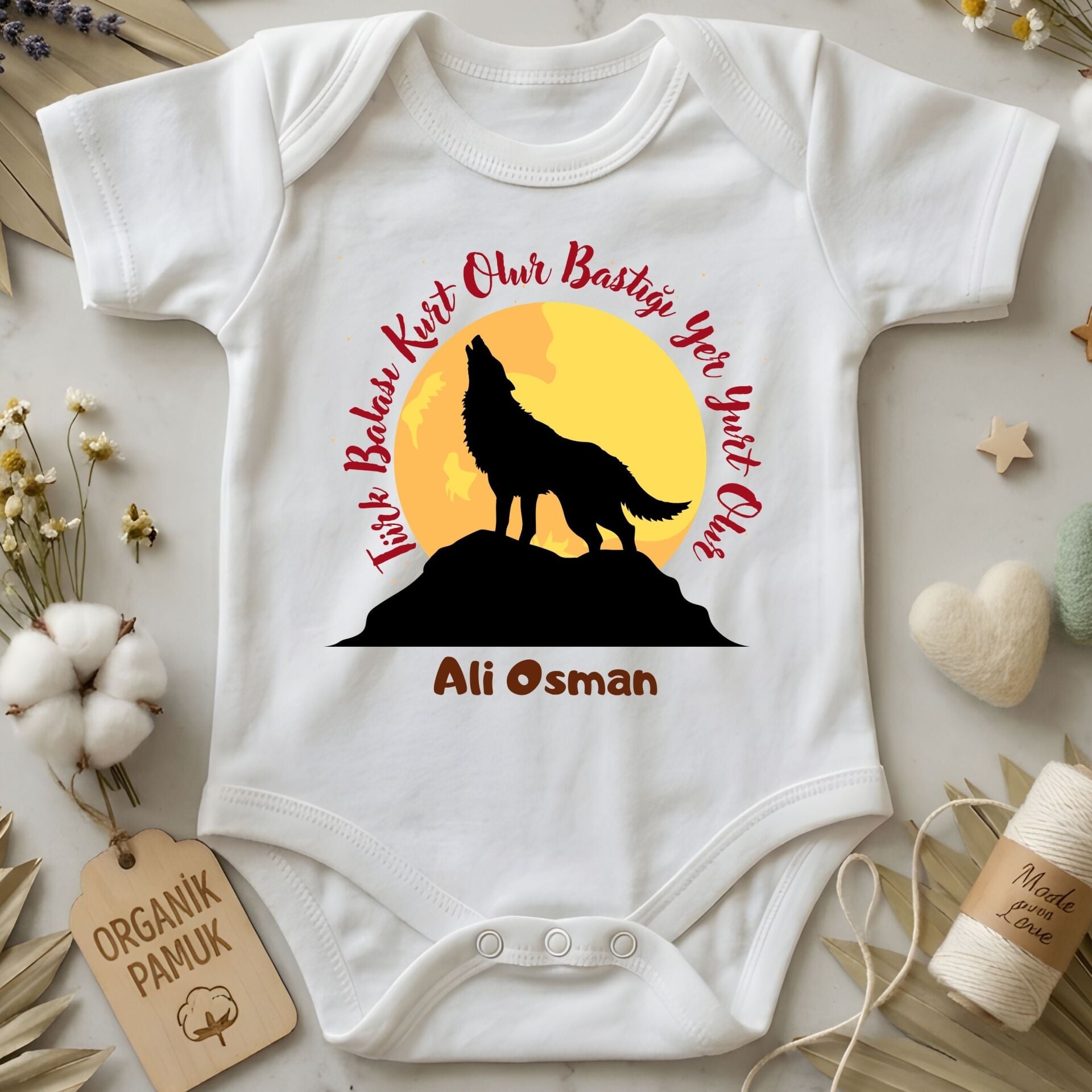 Kişiye Özel İsim Yazılı Türk Balası Kurt Olur Bebek Zıbını