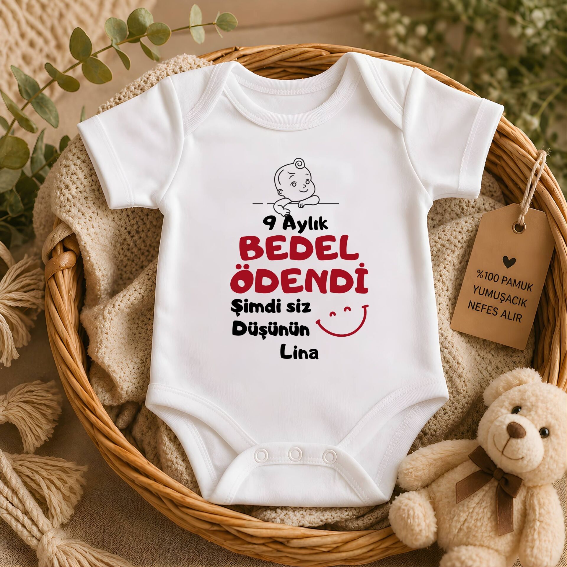 Kişiye Özel İsimli Bebek Zıbın - 9 Aylık Bedel Ödendi Şimdi Siz Düşünün Tasarımlı %100 Pamuklu Bebek Body