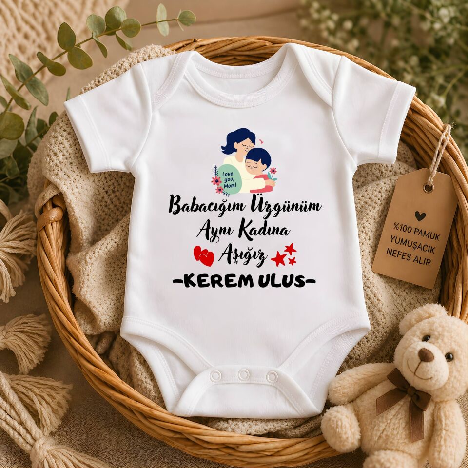 ''Babacığım Üzgünüm Aynı Kadına Aşığız'' Esprili Kişiye Özel İsim Yazılabilir Pamuklu Bebek Zıbını