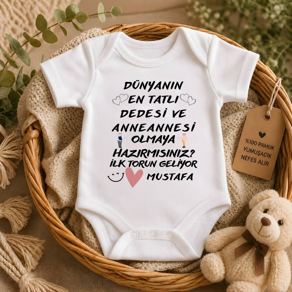 Dünyanın En Tatlı Dedesi ve Babaannesi Olmaya Hazır Mısınız Yazılı Kişiye Özel Bebek Zıbın