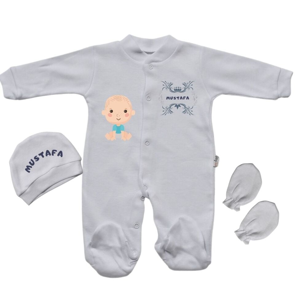 İsme Özel Tasarım Kişiye Özel Bebek Tulumu - Yenidoğan Erkek Bebek Hediyelik Set