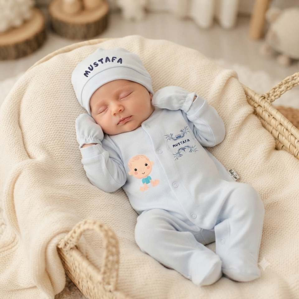 İsme Özel Tasarım Kişiye Özel Bebek Tulumu - Yenidoğan Erkek Bebek Hediyelik Set