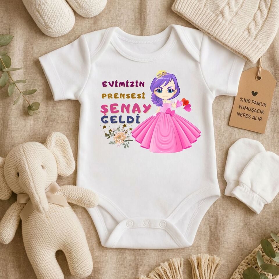 ''Evimizin Prensesi Geldi'' Yazılı Kişiye Özel Bebek Zıbın