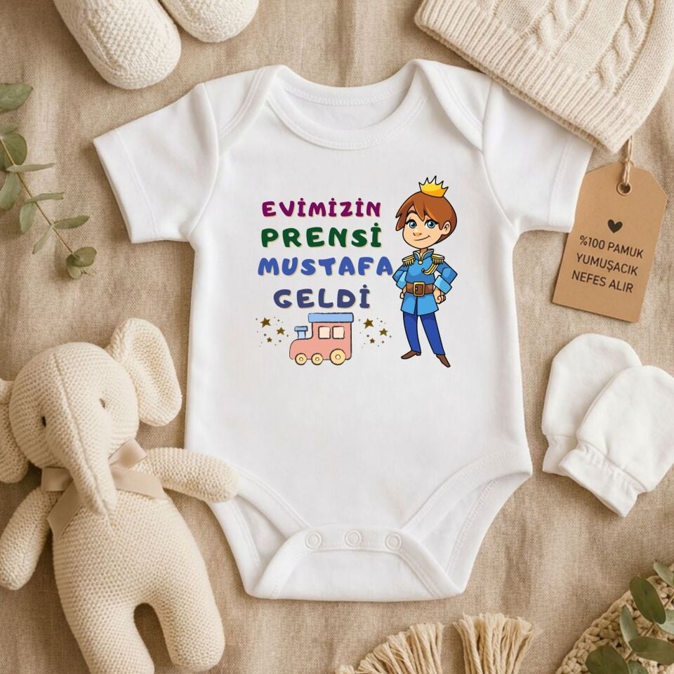 ''Evimizin Prensi Geldi'' Yazılı Kişiye Özel Bebek Zıbın