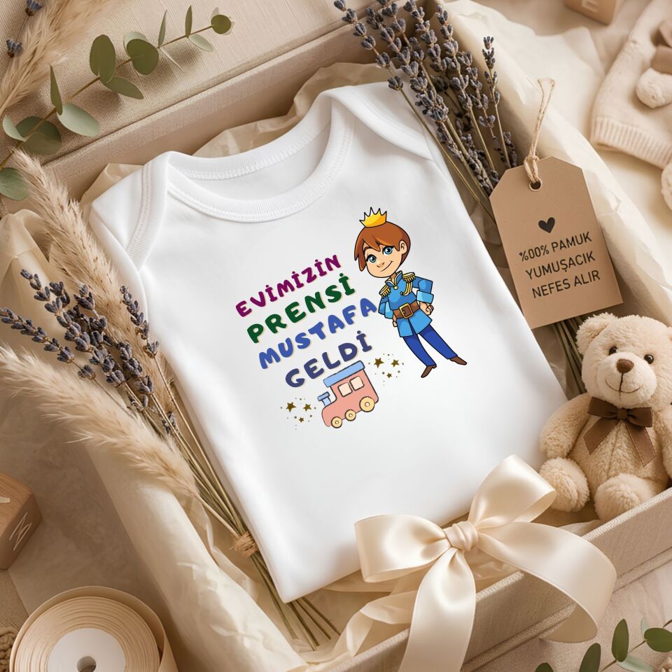 ''Evimizin Prensi Geldi'' Yazılı Kişiye Özel Bebek Zıbın