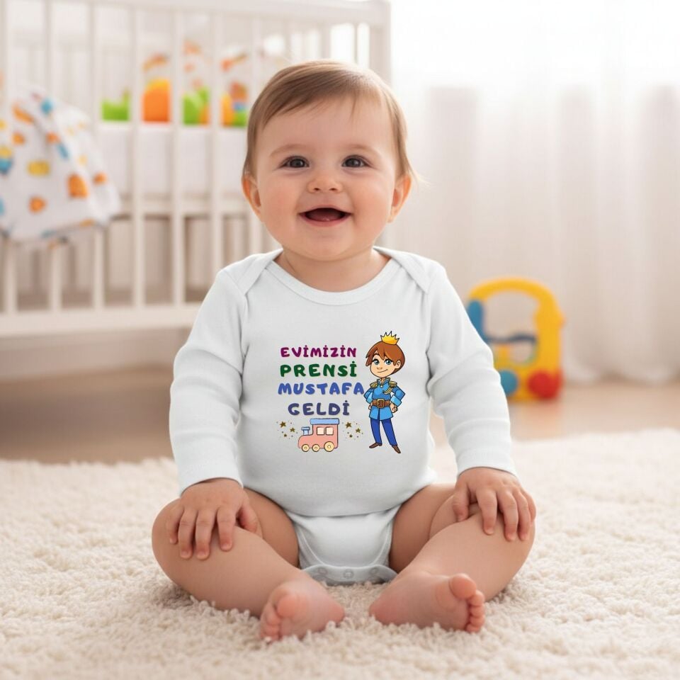 ''Evimizin Prensi Geldi'' Yazılı Kişiye Özel Bebek Zıbın
