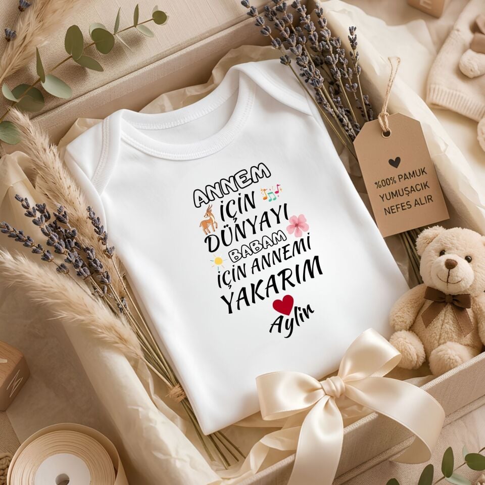 ''Annem İçin Dünyayı, Babam İçin Annemi Yakarım'' Yazılı Kişiye Özel Bebek Zıbın