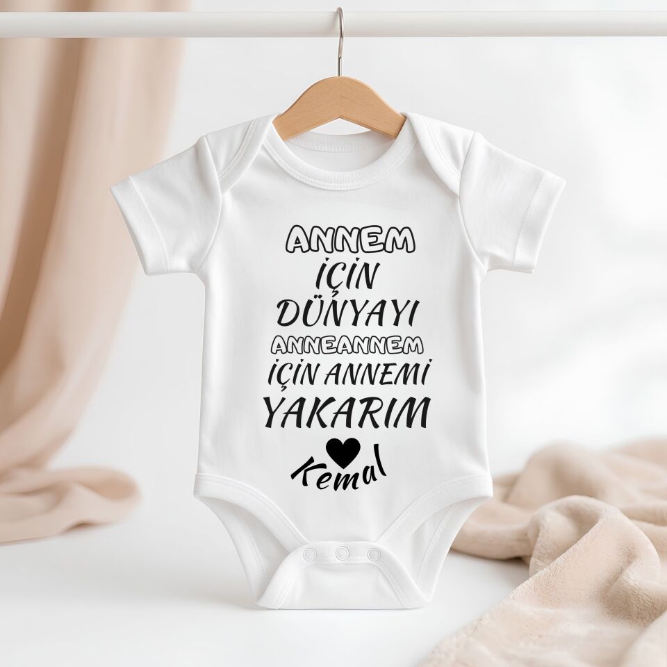 ''Anneanne/Babaanne İçin Annemi/Babamı Yakarım'' Yazılı Kişiye Özel Bebek Zıbın