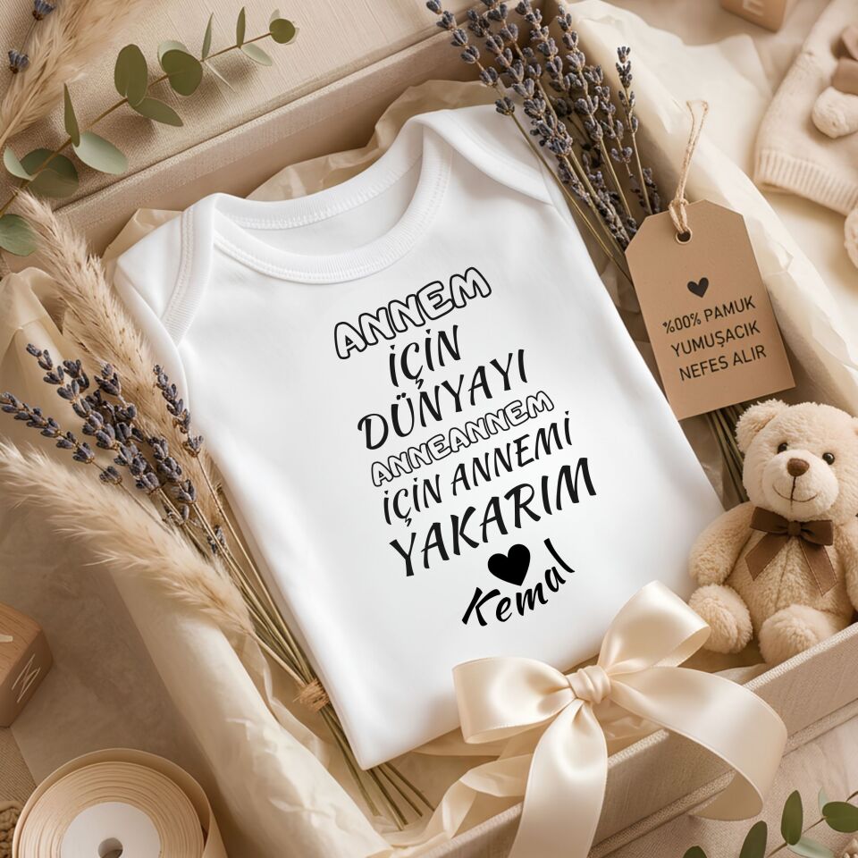 ''Anneanne/Babaanne İçin Annemi/Babamı Yakarım'' Yazılı Kişiye Özel Bebek Zıbın