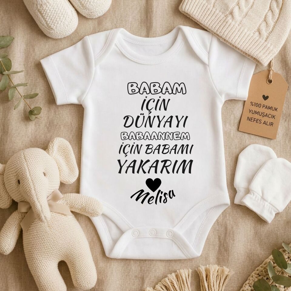 ''Anneanne/Babaanne İçin Annemi/Babamı Yakarım'' Yazılı Kişiye Özel Bebek Zıbın