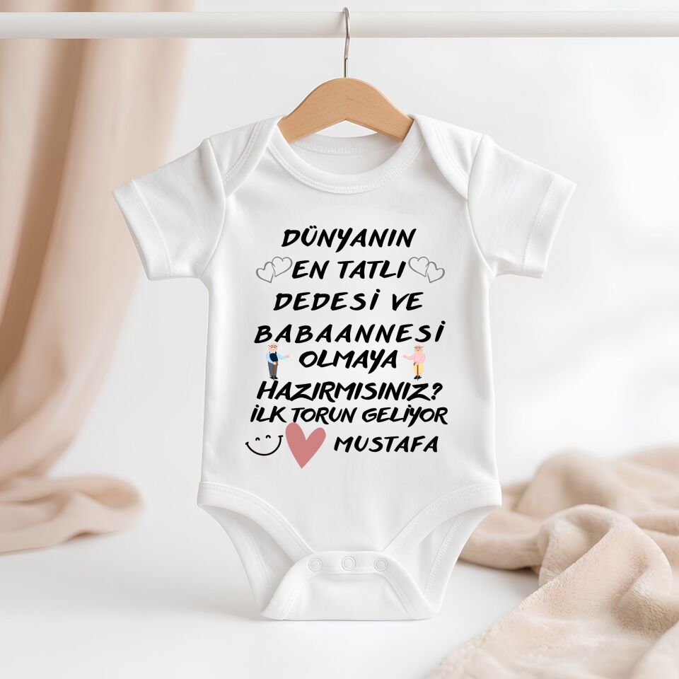 Kişiye özel bebek zıbın - İlk Torun Geliyor Tasarımlı Dede Anneanne Babaanneye Müjde %100 Pamuklu Body