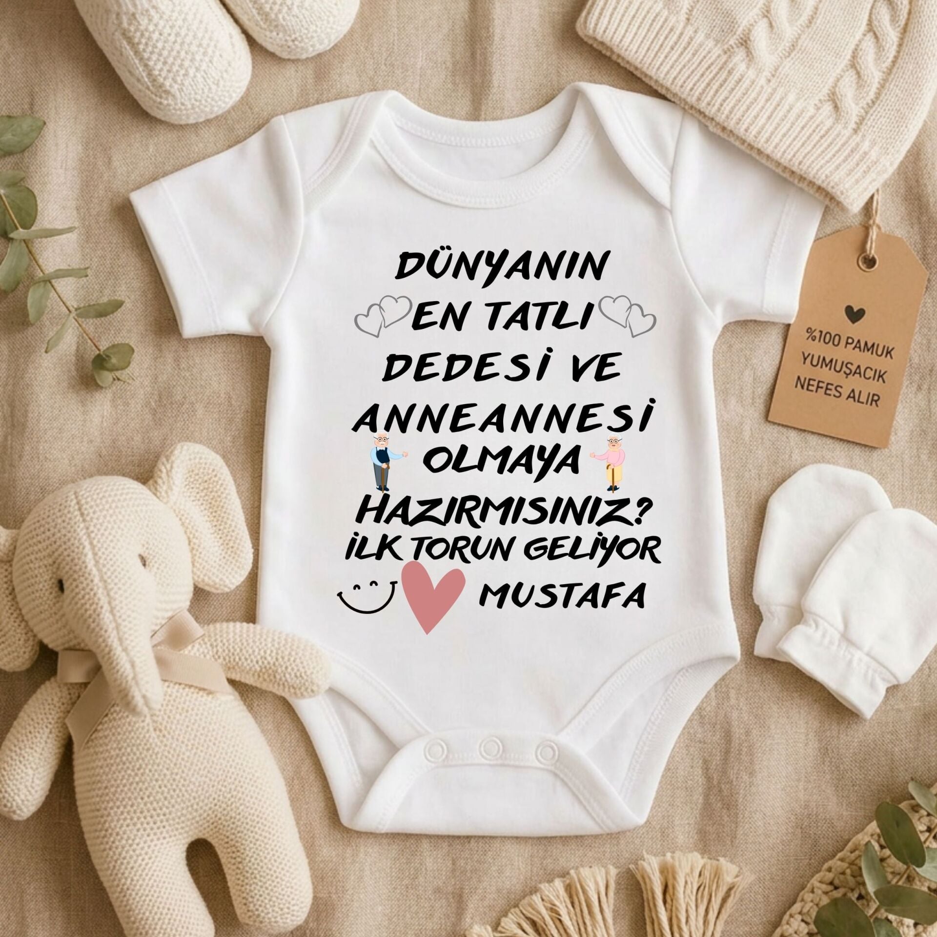 Kişiye özel bebek zıbın - İlk Torun Geliyor Tasarımlı Dede Anneanne Babaanneye Müjde %100 Pamuklu Body