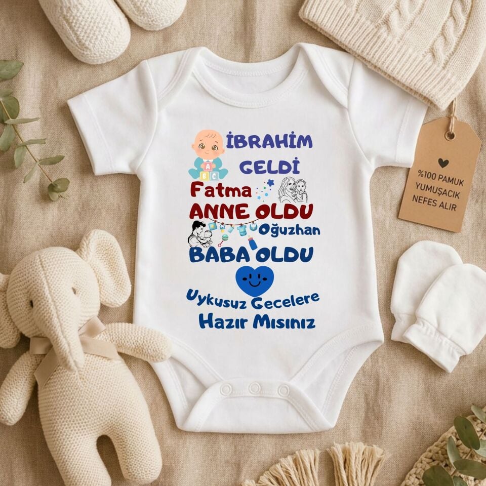 Kişiye özel bebek zıbın - Esprili Anne Baba Oldu Uykusuz Gecelere Hazır Mısınız İsimli %100 Pamuklu Badi