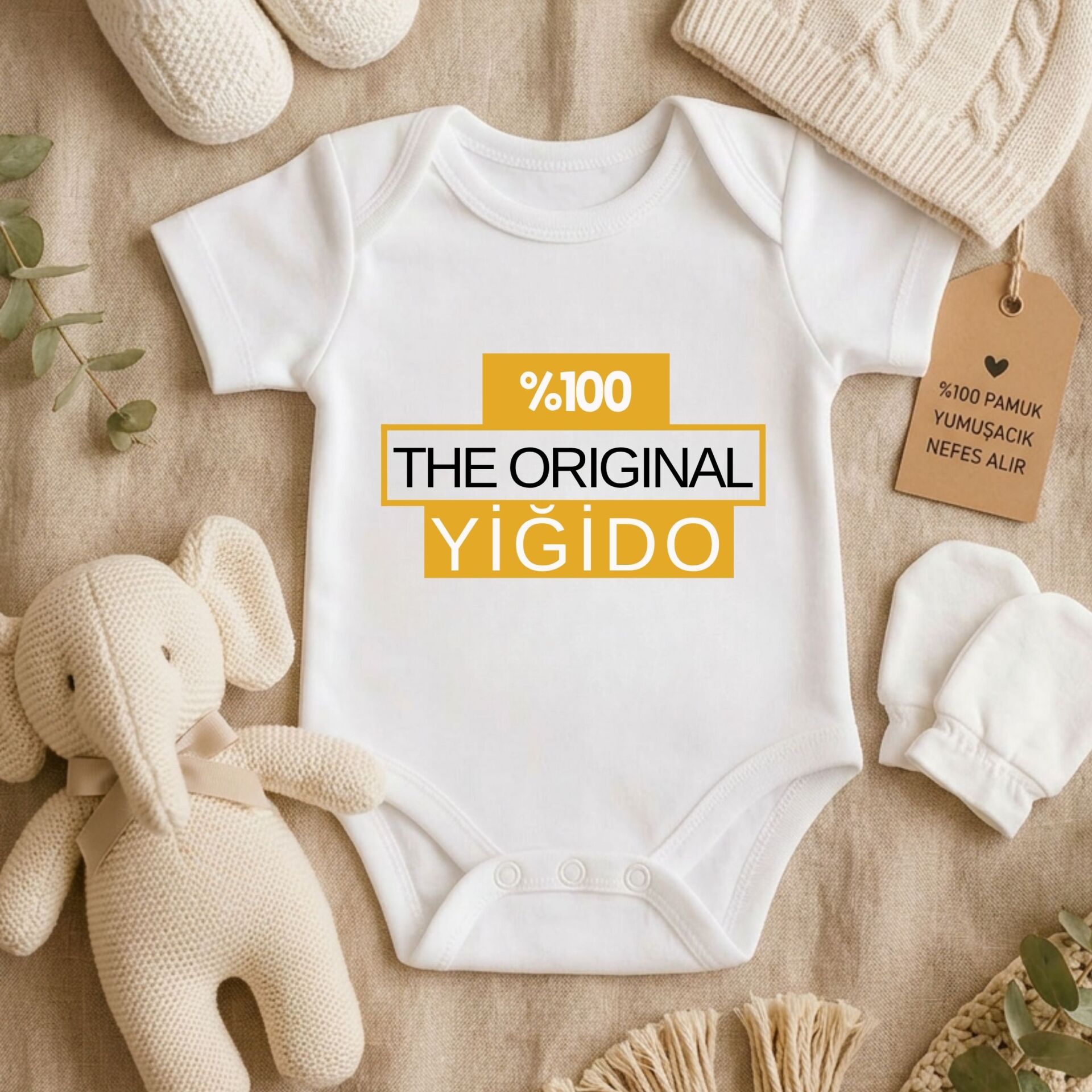 ''%100 The Original Yiğido'' Tasarımlı Bebek Zıbını – Kişiye Özel ve Eğlenceli Yenidoğan Hediyesi