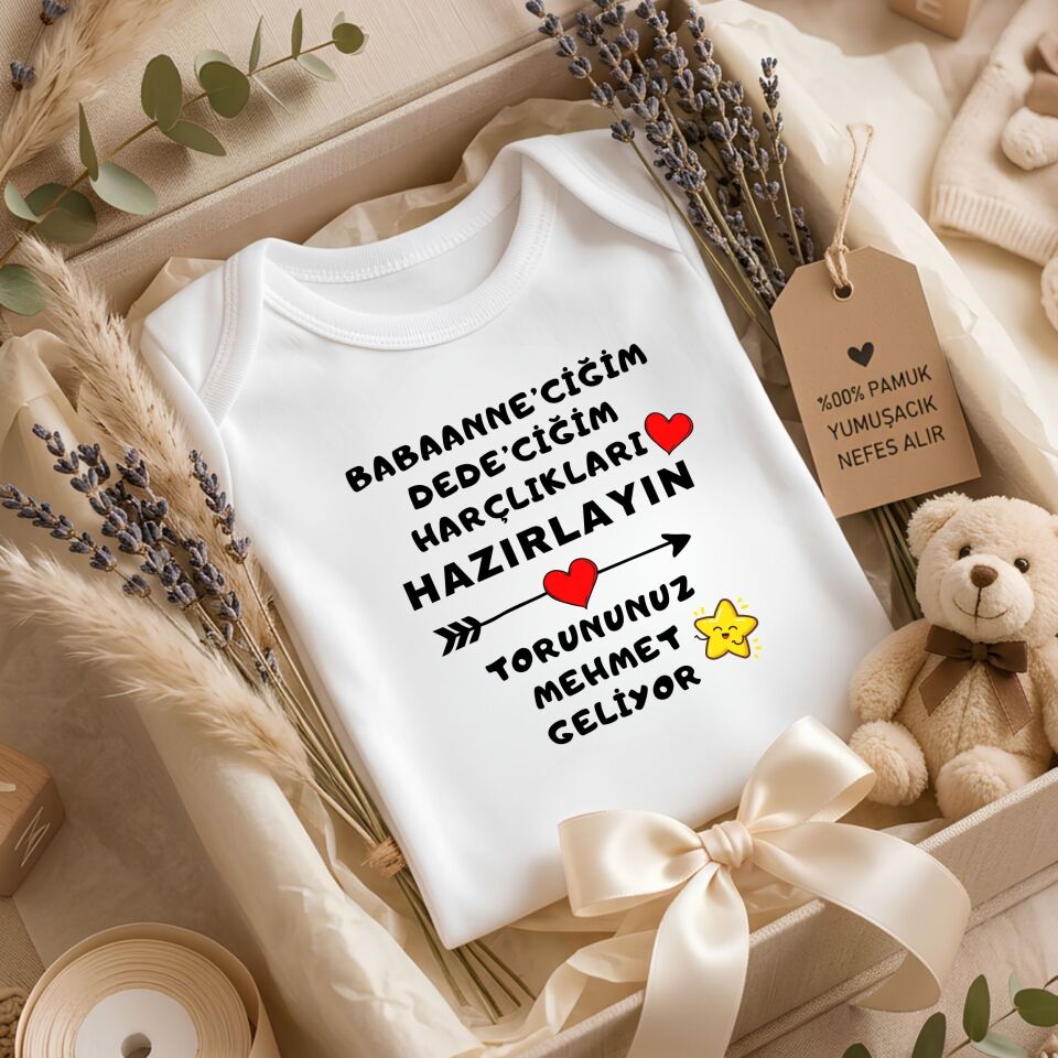 ''Harçlıkları Hazırlayın, Torununuz Geliyor'' Tasarımlı Kişiye Özel Bebek Zıbını – Müjde Veren Esprili Yenidoğan Hediye Body