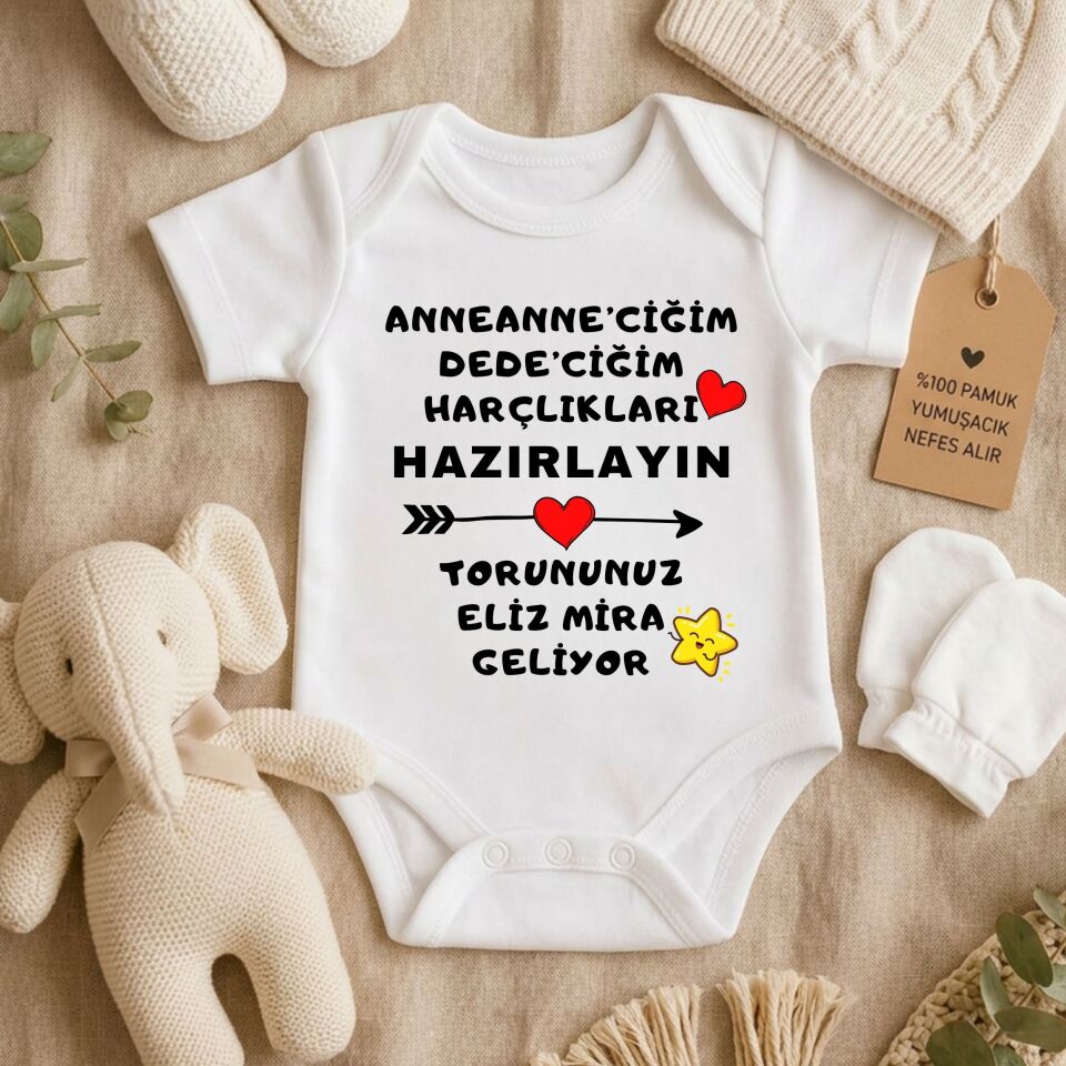 ''Harçlıkları Hazırlayın, Torununuz Geliyor'' Tasarımlı Kişiye Özel Bebek Zıbını – Müjde Veren Esprili Yenidoğan Hediye Body