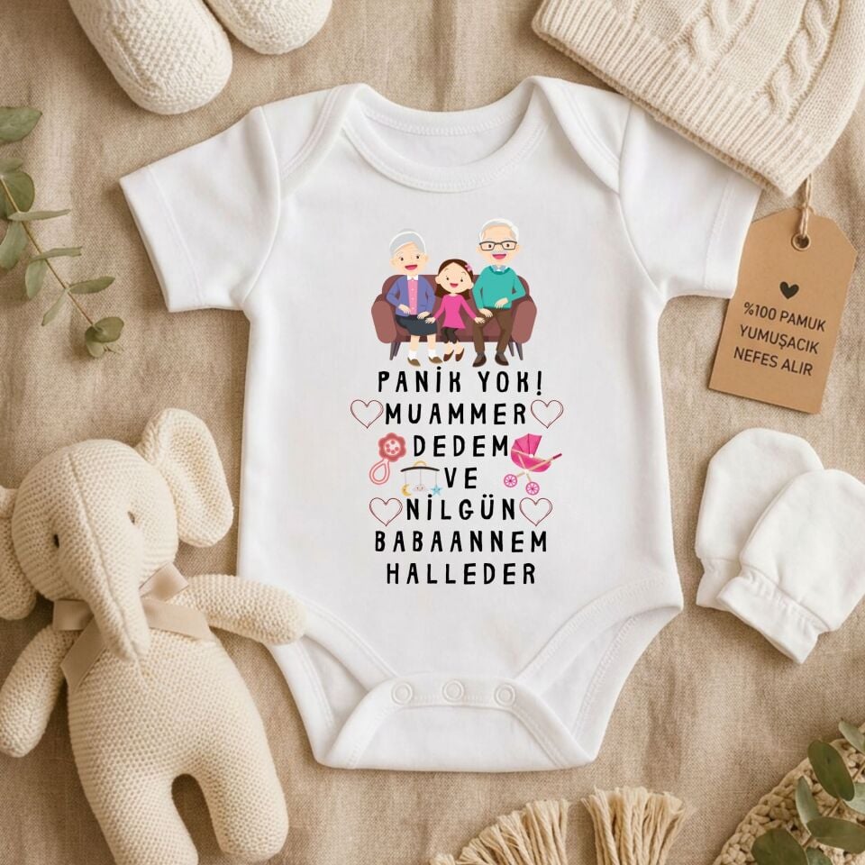 Kişiye Özel Bebek Zıbını - Panik Yok Dedem ve Anneannem/Babaannem Halleder %100 Pamuk