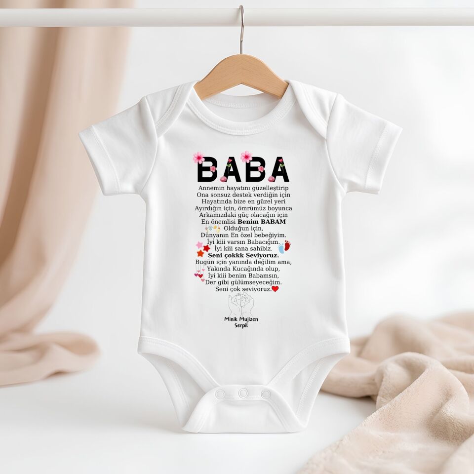 ''Babaya Mektup'' Tasarımlı Kişiye Özel Bebek Zıbını – İsim Yazılı Duygusal Yenidoğan Hediye Body