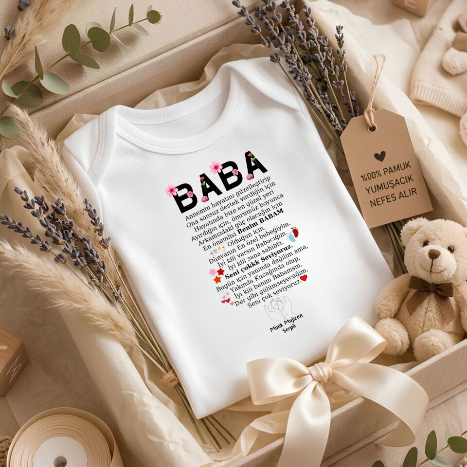 ''Babaya Mektup'' Tasarımlı Kişiye Özel Bebek Zıbını – İsim Yazılı Duygusal Yenidoğan Hediye Body