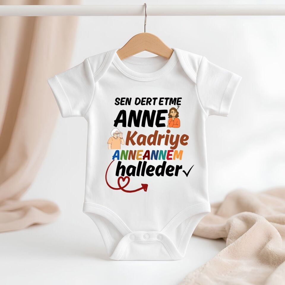 ''Sen Dert Etme'' Temalı Kişiye Özel Bebek Zıbını – İsim Yazılı Büyükanne/Büyükbaba İle Yardımlaşma Temalı Yenidoğan Hediye Body