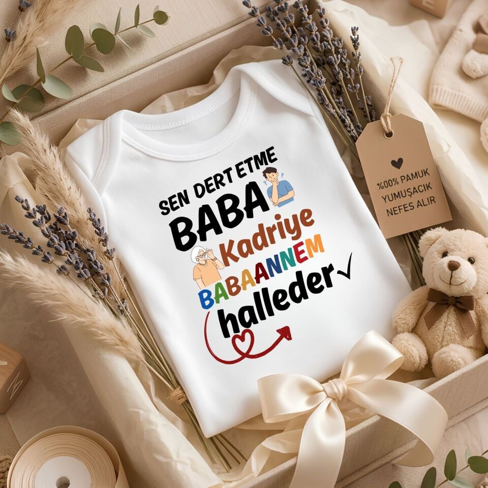''Sen Dert Etme'' Temalı Kişiye Özel Bebek Zıbını – İsim Yazılı Büyükanne/Büyükbaba İle Yardımlaşma Temalı Yenidoğan Hediye Body