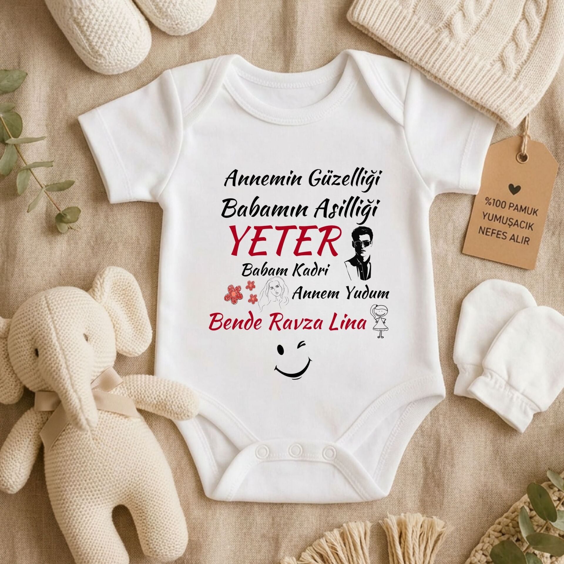 ''Annemin Güzelliği, Babamın Asilliği Yeter'' Tasarımlı Kişiye Özel Bebek Zıbını – İsim Yazılı Eğlenceli Yenidoğan Hediye Body