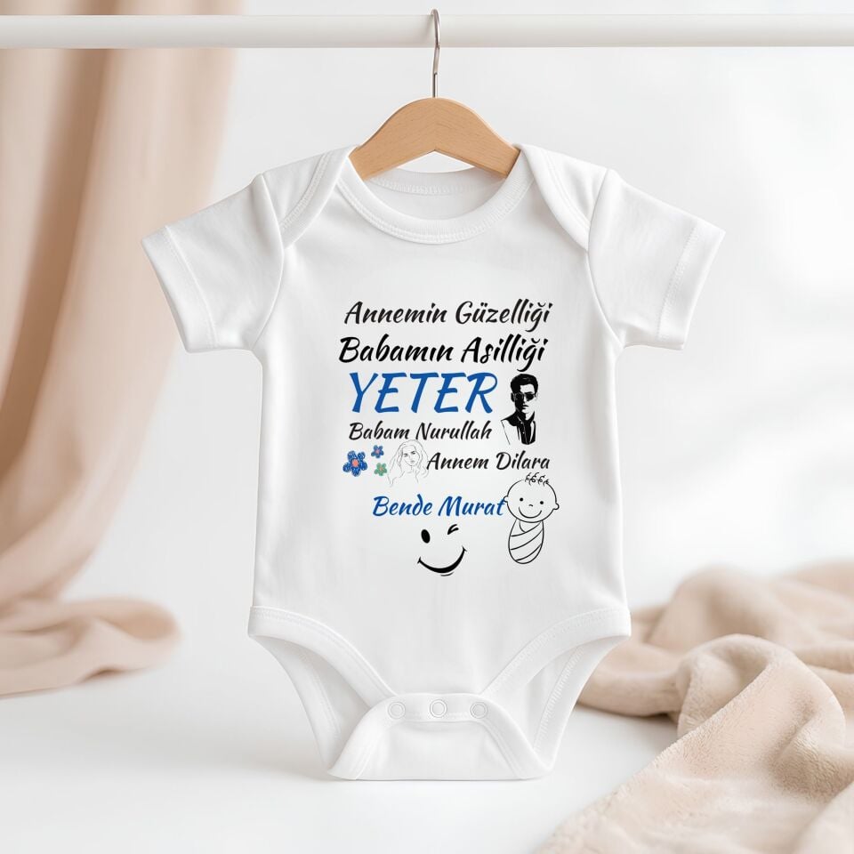 ''Annemin Güzelliği, Babamın Asilliği Yeter'' Tasarımlı Kişiye Özel Bebek Zıbını – İsim Yazılı Eğlenceli Yenidoğan Hediye Body