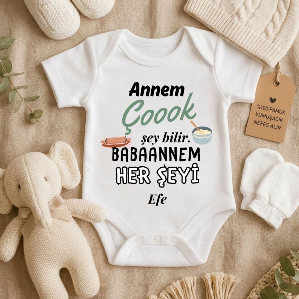 ''Annem Çok Şey Bilir, Ninem Her Şeyi'' Tasarımlı Kişiye Özel Bebek Zıbını – Eğlenceli ve İsim Yazılı Yenidoğan Hediye Body