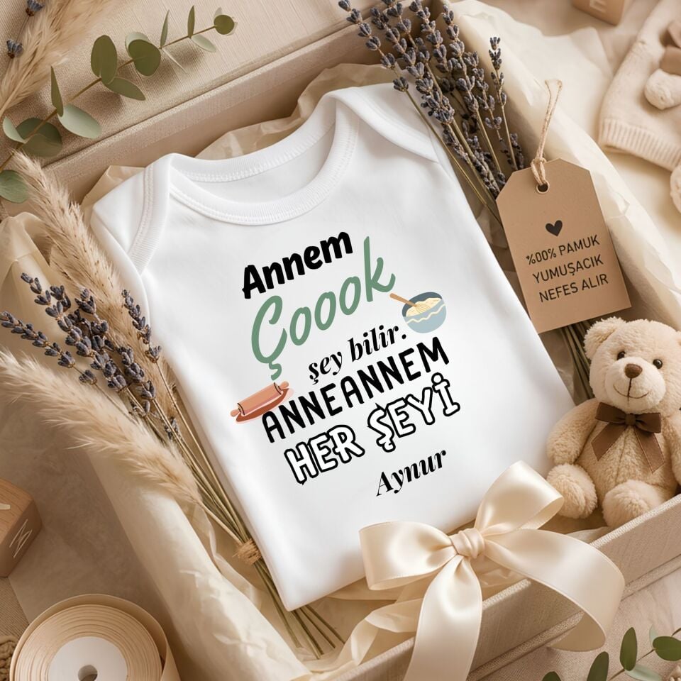 ''Annem Çok Şey Bilir, Ninem Her Şeyi'' Tasarımlı Kişiye Özel Bebek Zıbını – Eğlenceli ve İsim Yazılı Yenidoğan Hediye Body