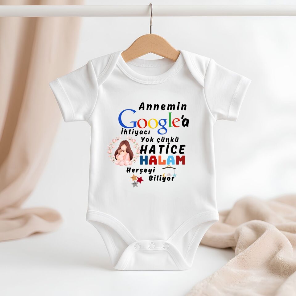 ''Annemin Google’a İhtiyacı Yok'' Temalı Kişiye Özel Bebek Zıbını – İsim Yazılı Eğlenceli Halam/Teyzem Tasarımlı Yenidoğan Hediye Body