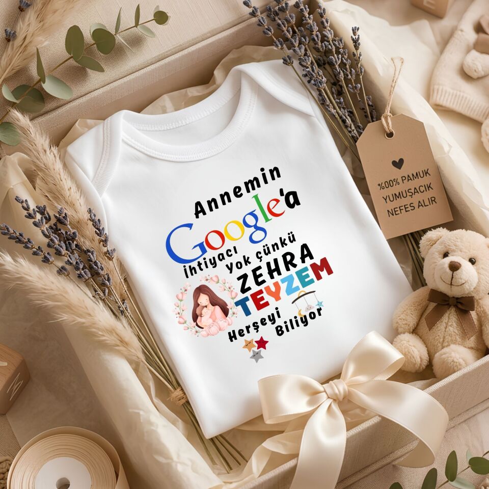 ''Annemin Google’a İhtiyacı Yok'' Temalı Kişiye Özel Bebek Zıbını – İsim Yazılı Eğlenceli Halam/Teyzem Tasarımlı Yenidoğan Hediye Body
