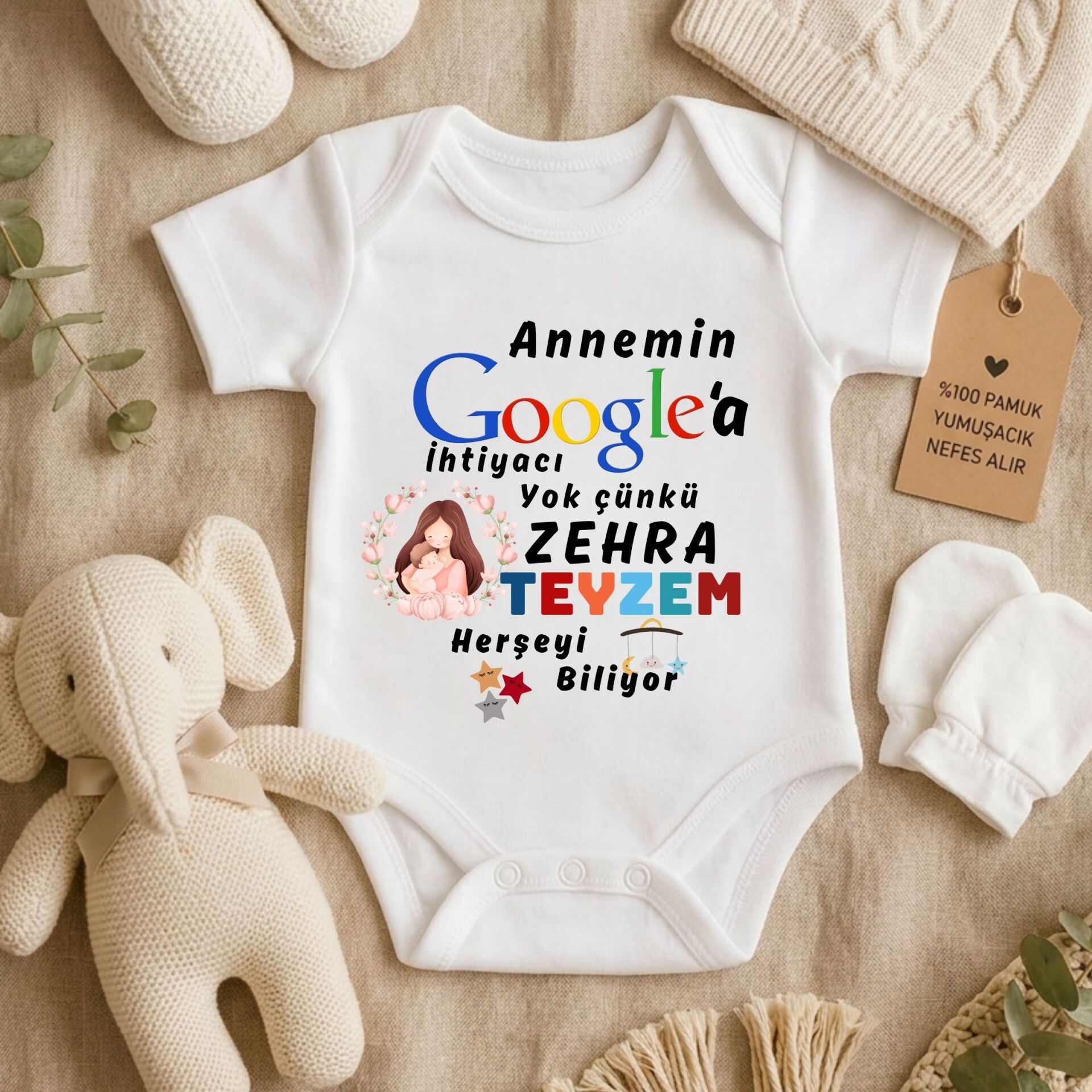 ''Annemin Google’a İhtiyacı Yok'' Temalı Kişiye Özel Bebek Zıbını – İsim Yazılı Eğlenceli Halam/Teyzem Tasarımlı Yenidoğan Hediye Body