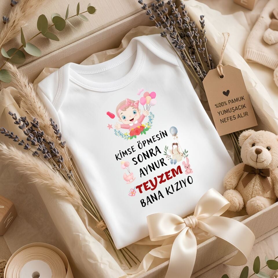 ''Kimse Öpmesin, Halam/Teyzem Kızıyor'' Tasarımlı Kişiye Özel Bebek Zıbını – İsim Yazılı Eğlenceli Yenidoğan Hediye Body