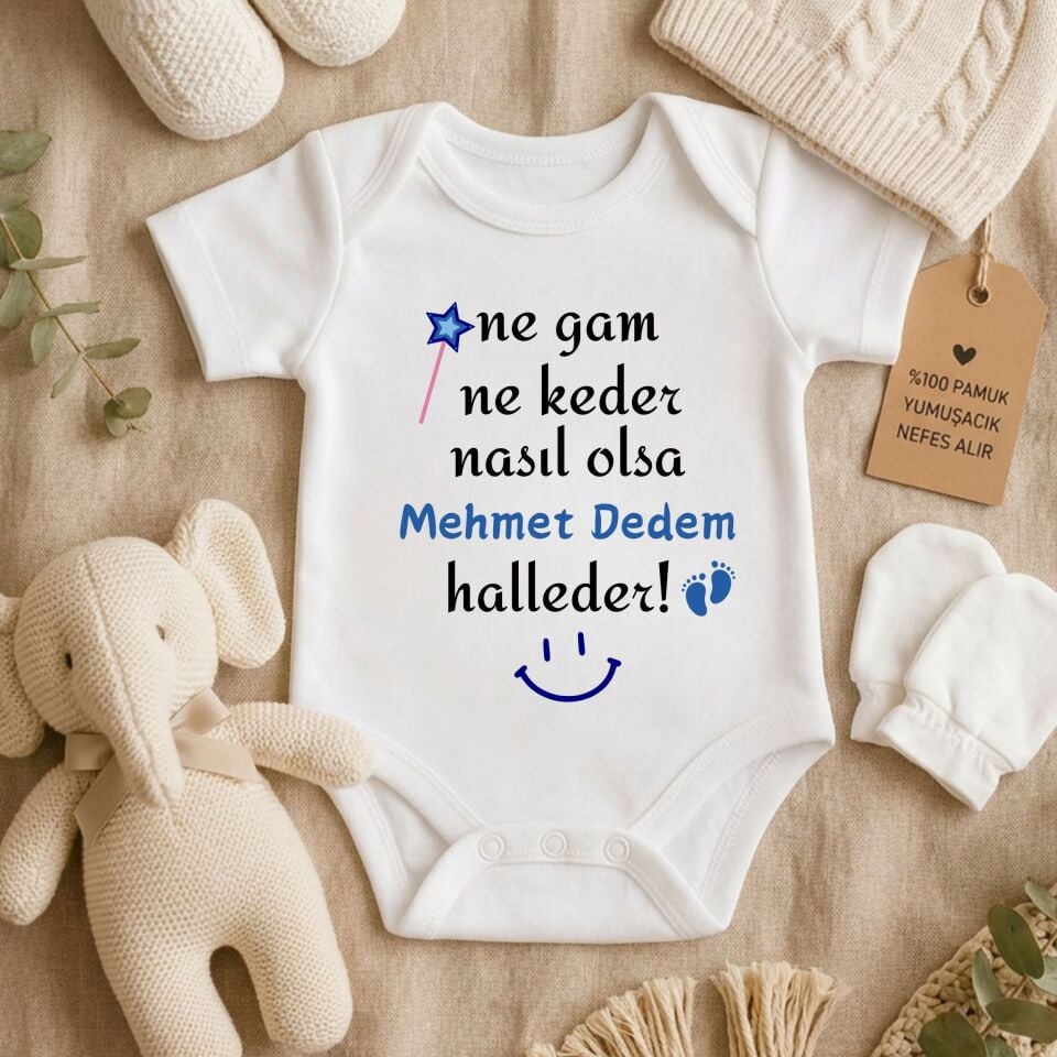 ''Ne Gam Ne Keder, Nasıl Olsa Dedem Halleder'' Tasarımlı Kişiye Özel Erkek Bebek Zıbını – İsim Yazılı Eğlenceli Yenidoğan Hediye Body
