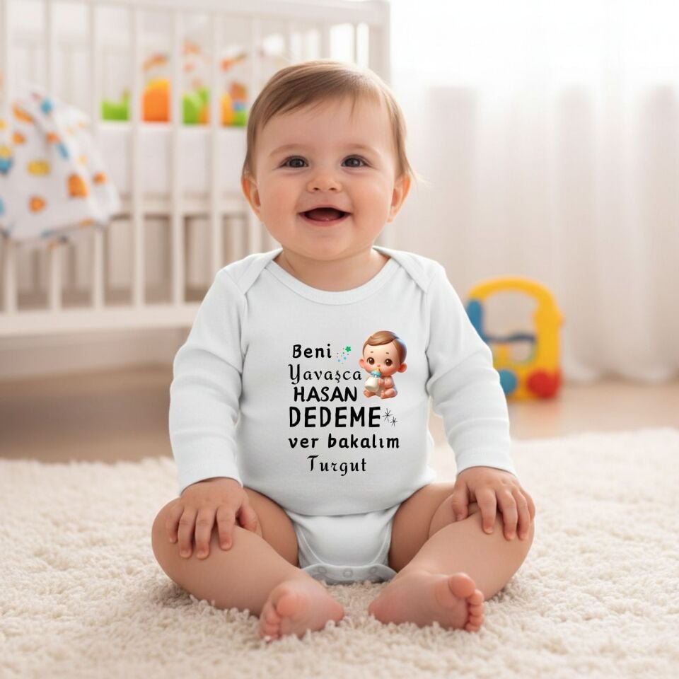 ''Beni Yavaşça Dedeme Ver Bakalım'' Tasarımlı Kişiye Özel Bebek Zıbını – İsim Yazılı Eğlenceli Dede Hediyesi Yenidoğan Body