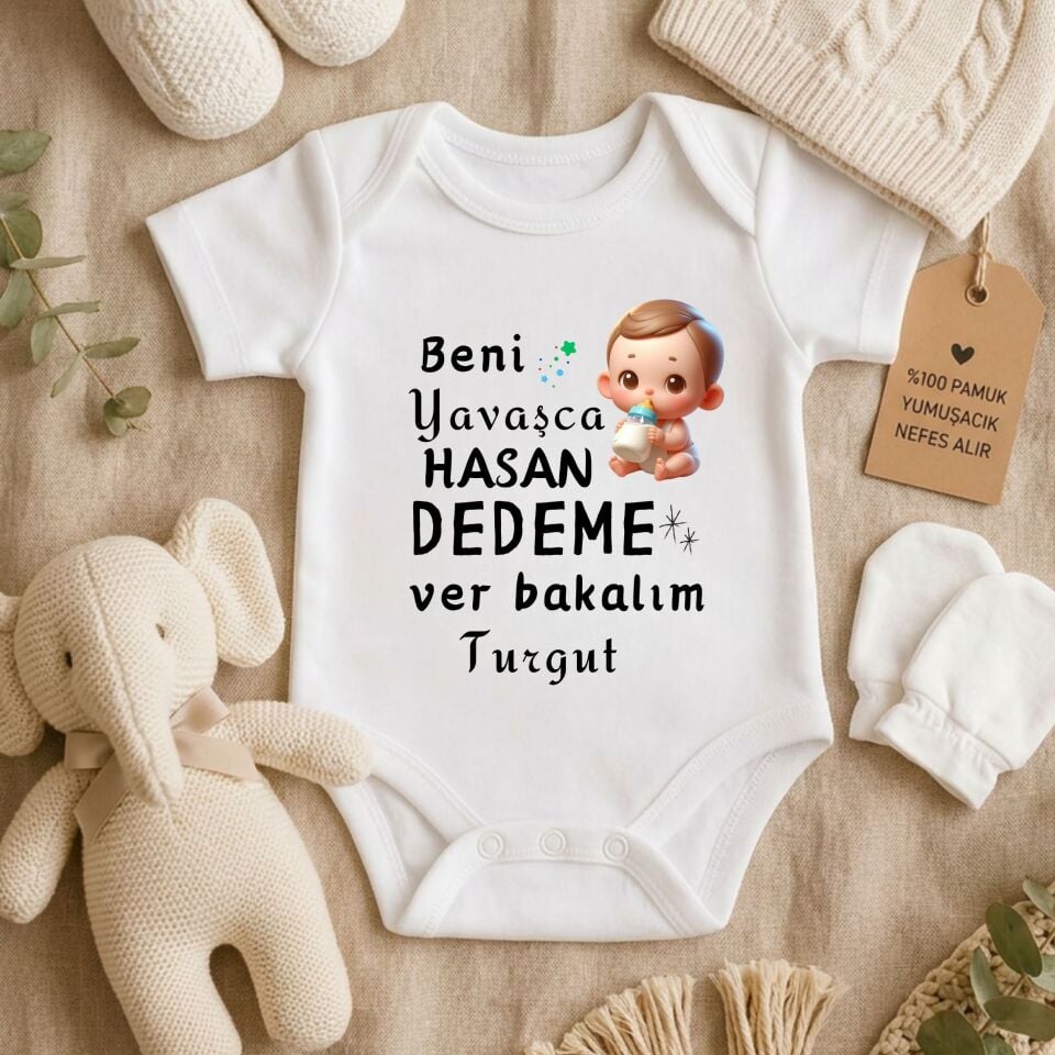 ''Beni Yavaşça Dedeme Ver Bakalım'' Tasarımlı Kişiye Özel Bebek Zıbını – İsim Yazılı Eğlenceli Dede Hediyesi Yenidoğan Body
