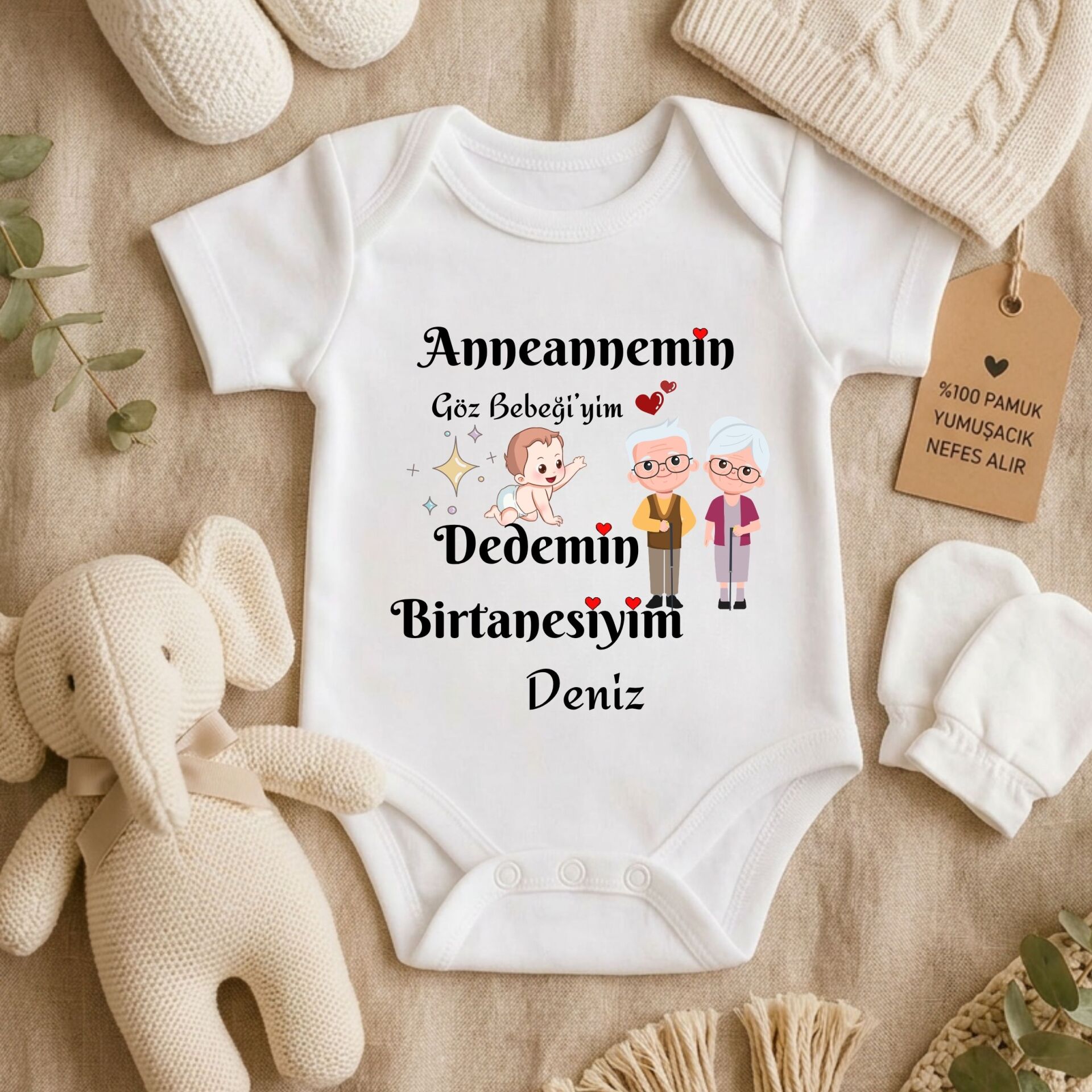 ''Anneannemin-Babaannemin Gözbebeğiyim Dedemin Birtanesiyim'' Tasarımlı Kişiye Özel Bebek Zıbını – İsim Yazılı Sevimli Torun Hediyesi Body