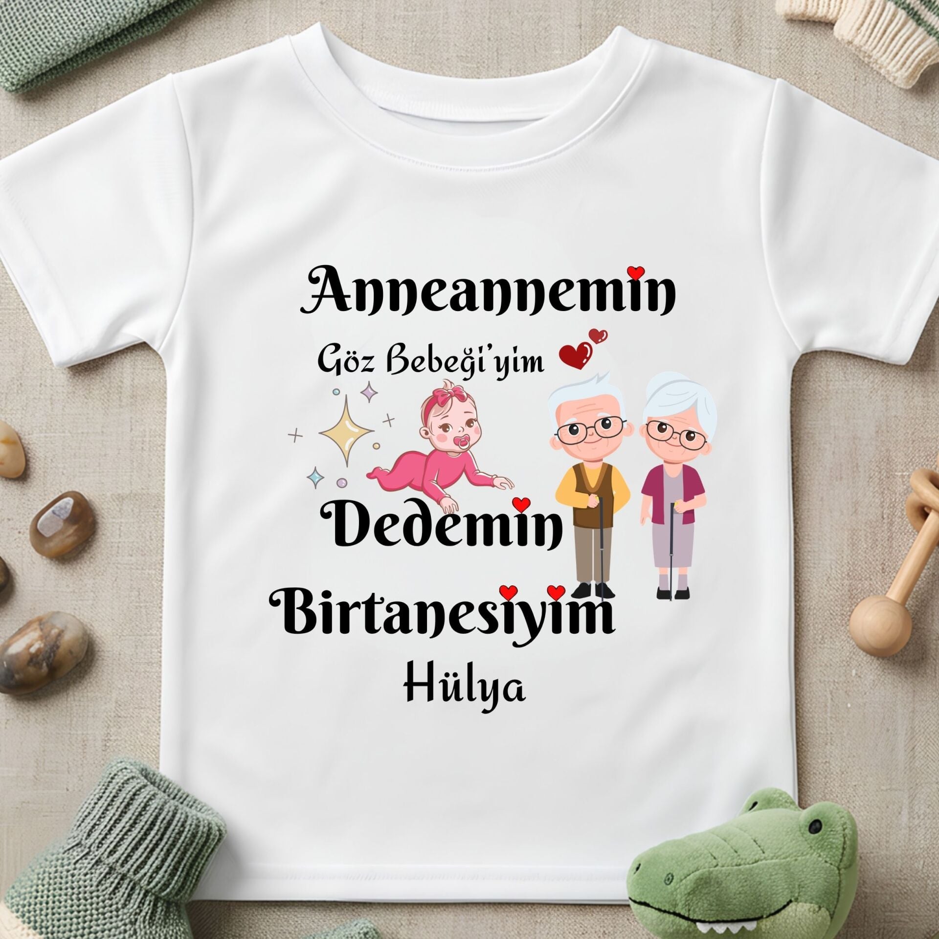Kişiye Özel Çocuk Tişörtü – ''Anneannemin/Babaannemin Gözbebeğiyim Dedemin Birtanesiyim'' İsim Yazılı Sevimli Torun Tişört