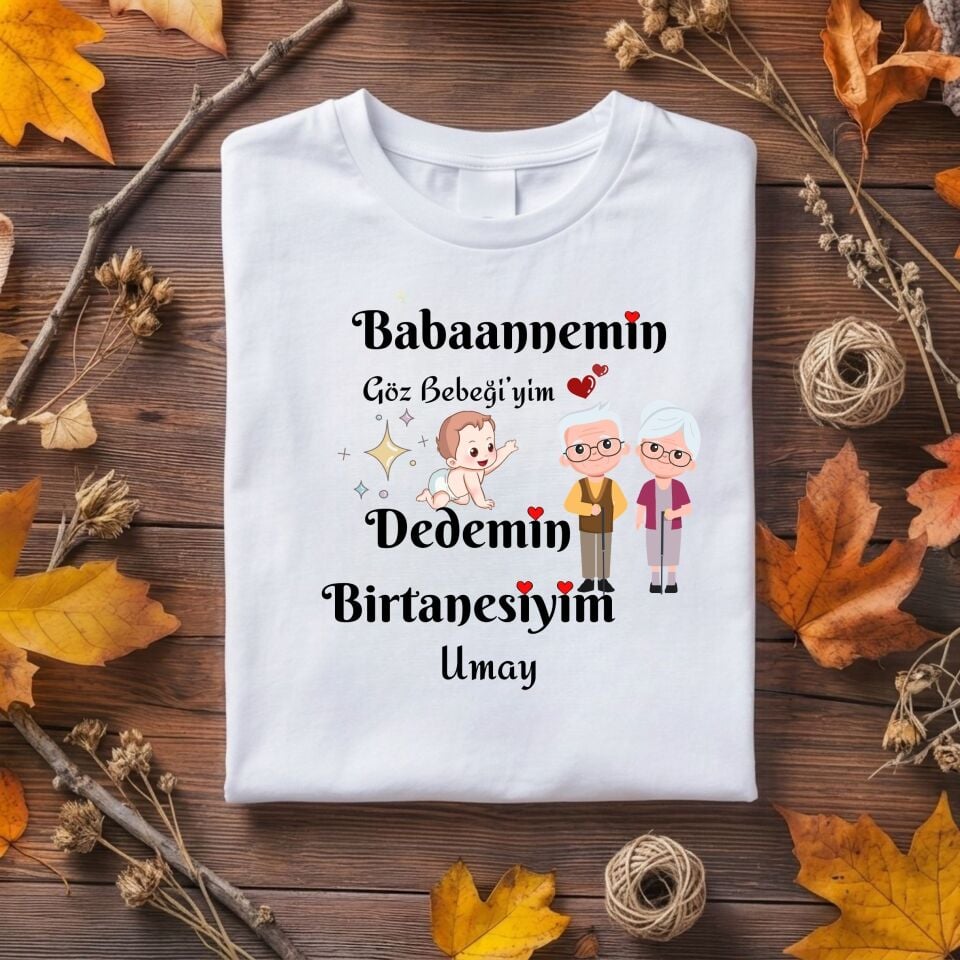 Kişiye Özel Çocuk Tişörtü – ''Anneannemin/Babaannemin Gözbebeğiyim Dedemin Birtanesiyim'' İsim Yazılı Sevimli Torun Tişört