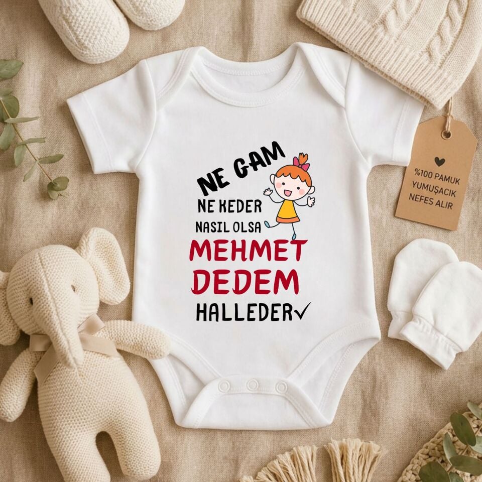 ''Ne Gam Ne Keder Nasıl Olsa Dedem Halleder'' Tasarımlı Kişiye Özel Kız Bebek Zıbını – İsim Yazılı Eğlenceli Dede Torun Hediye Body