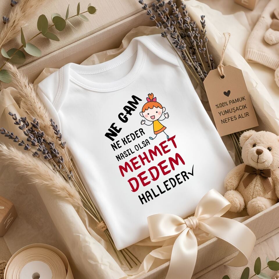 ''Ne Gam Ne Keder Nasıl Olsa Dedem Halleder'' Tasarımlı Kişiye Özel Kız Bebek Zıbını – İsim Yazılı Eğlenceli Dede Torun Hediye Body