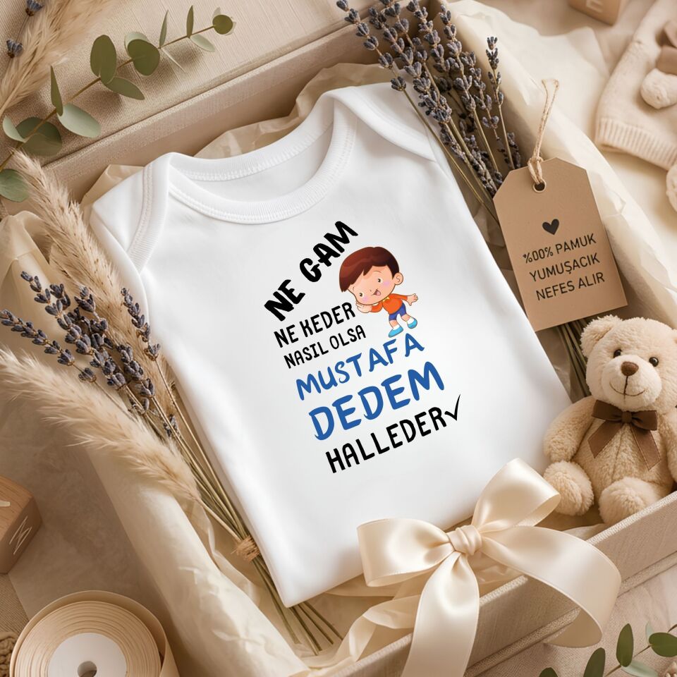 ''Ne Gam Ne Keder Nasıl Olsa Dedem Halleder'' Tasarımlı Kişiye Özel Erkek Bebek Zıbını – İsim Yazılı Eğlenceli Dede Torun Hediye Body