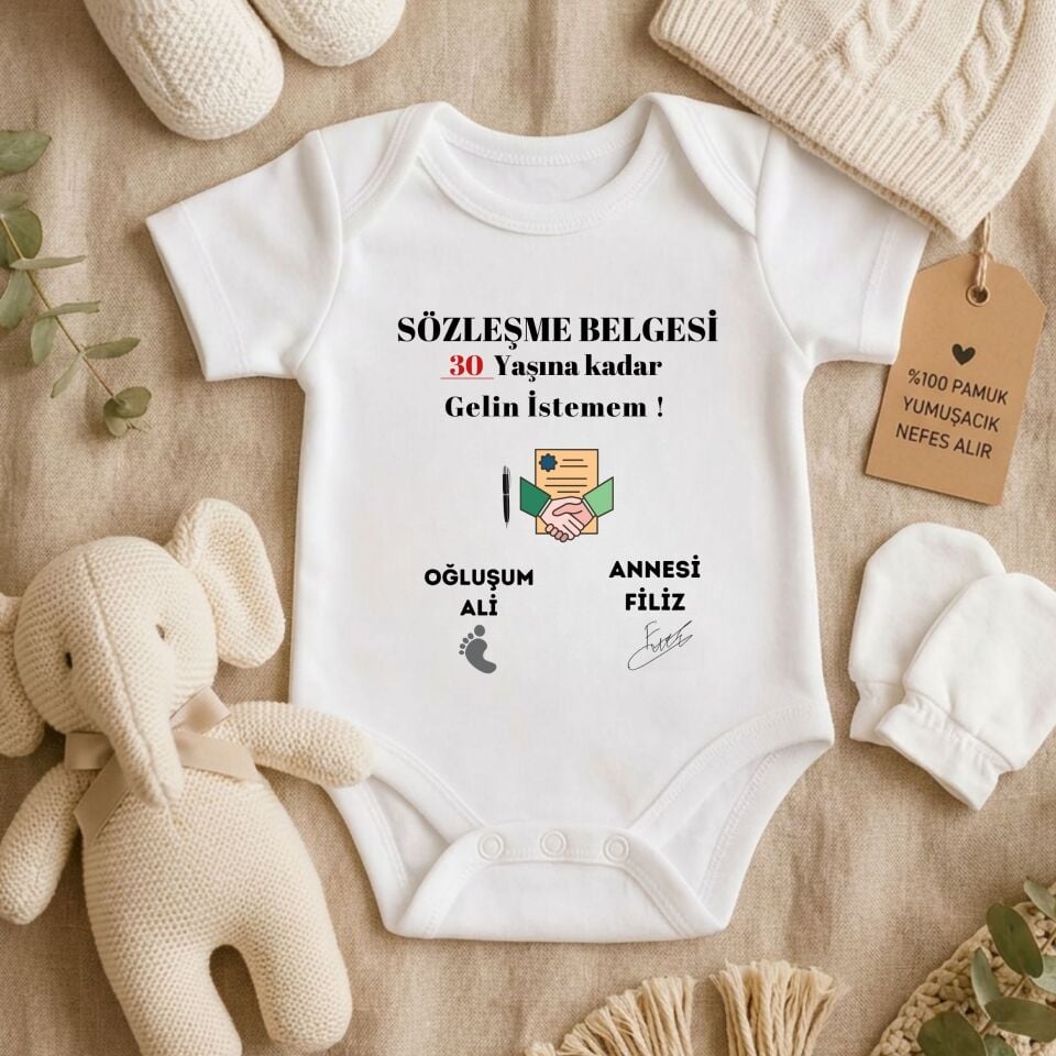 Kişiye Özel Esprili Bebek Zıbını – ''Sözleşme Belgesi: 30 Yaşına Kadar Gelin İstemem!'' Anne ve Bebek İsim Yazılı Eğlenceli Body