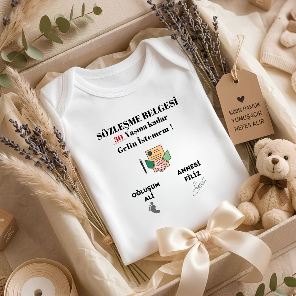 Kişiye Özel Esprili Bebek Zıbını – ''Sözleşme Belgesi: 30 Yaşına Kadar Gelin İstemem!'' Anne ve Bebek İsim Yazılı Eğlenceli Body