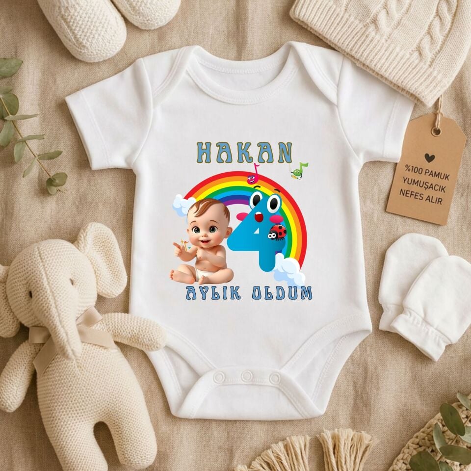 Kişiye Özel İsimli ''Aylık Oldum'' Bebek Zıbını – Renkli Gökkuşağı ve Sevimli Karakter Tasarımlı Ay Dönümü Hediyesi
