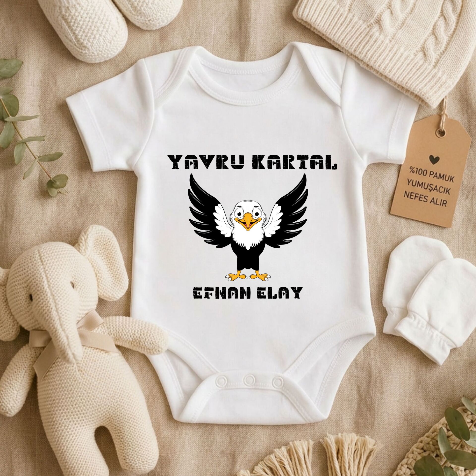 Kişiye Özel İsimli Bebek Zıbını – ''Yavru Kartal'' Taraftar Temalı Yeni Doğan Hediye Body