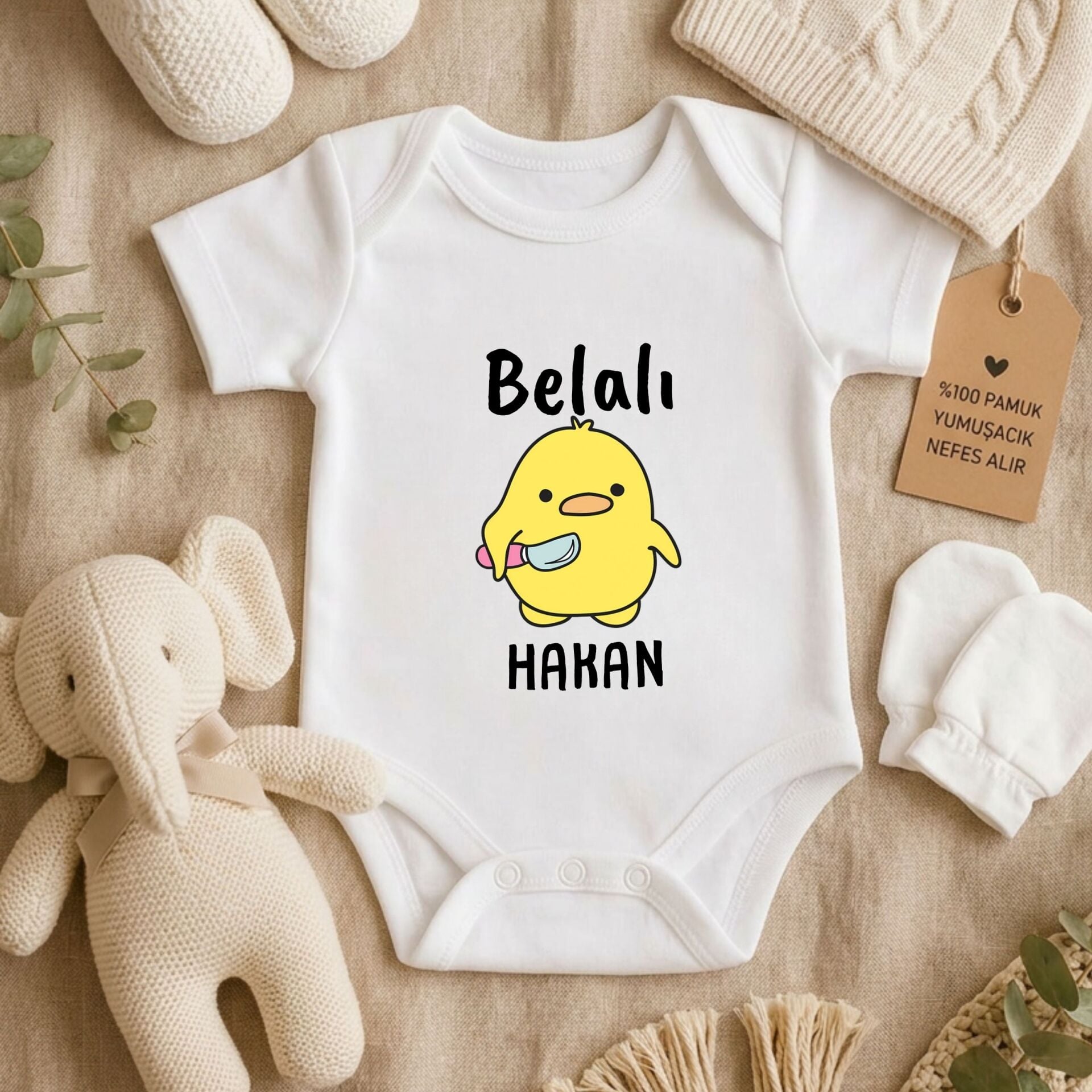 Kişiye Özel İsimli Bebek Zıbını – Esprili ''Belalı Civciv'' Tasarımlı Yeni Doğan Hediye Body