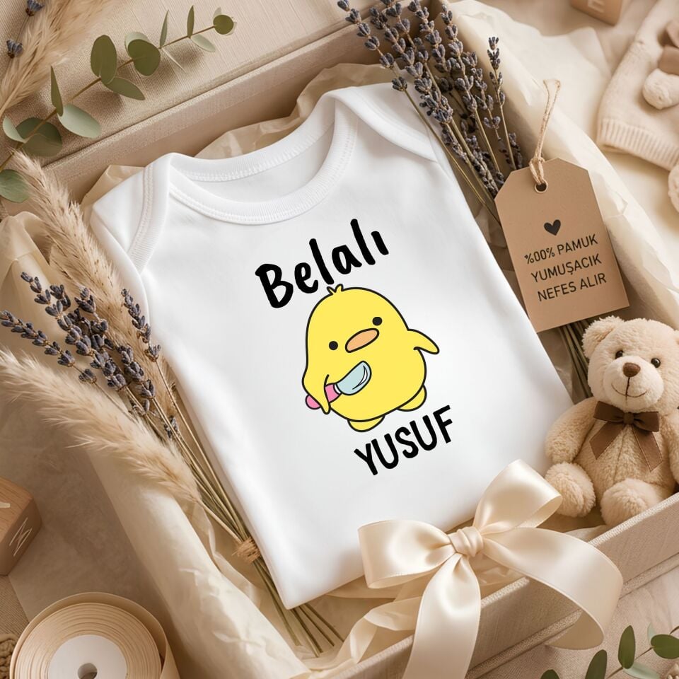 Kişiye Özel İsimli Bebek Zıbını – Esprili ''Belalı Civciv'' Tasarımlı Yeni Doğan Hediye Body
