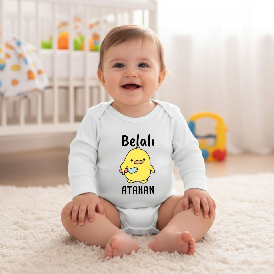 Kişiye Özel İsimli Bebek Zıbını – Esprili ''Belalı Civciv'' Tasarımlı Yeni Doğan Hediye Body
