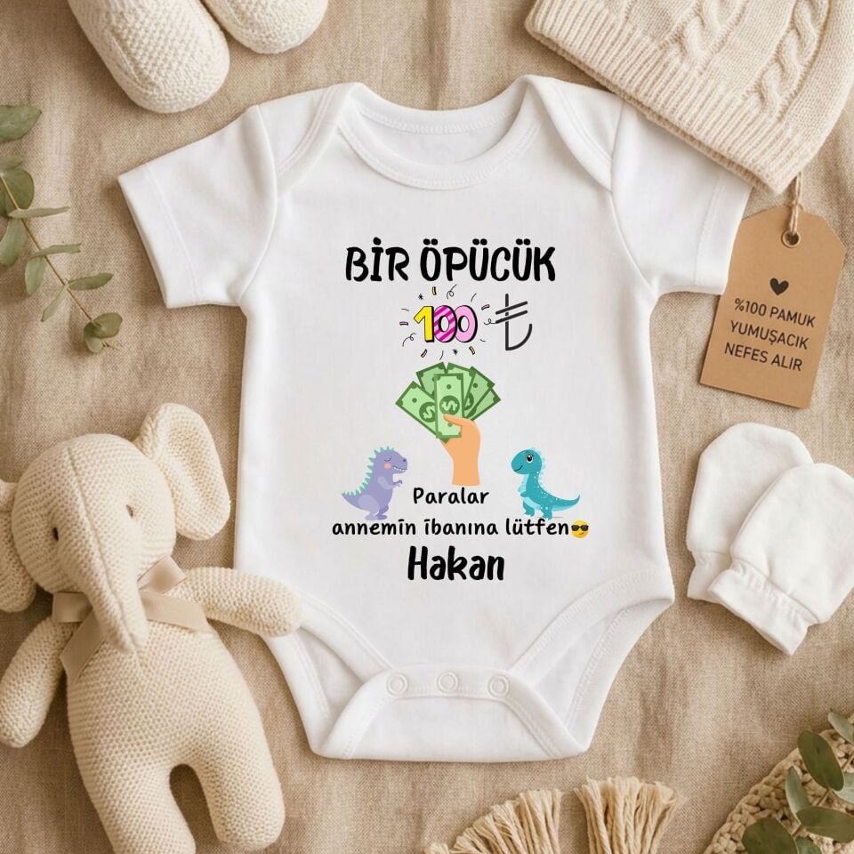 Kişiye Özel İsimli Bebek Zıbını – Esprili ''Bir Öpücük X TL, Paralar Annenin İbanına'' Tasarımlı Yeni Doğan Hediye Body